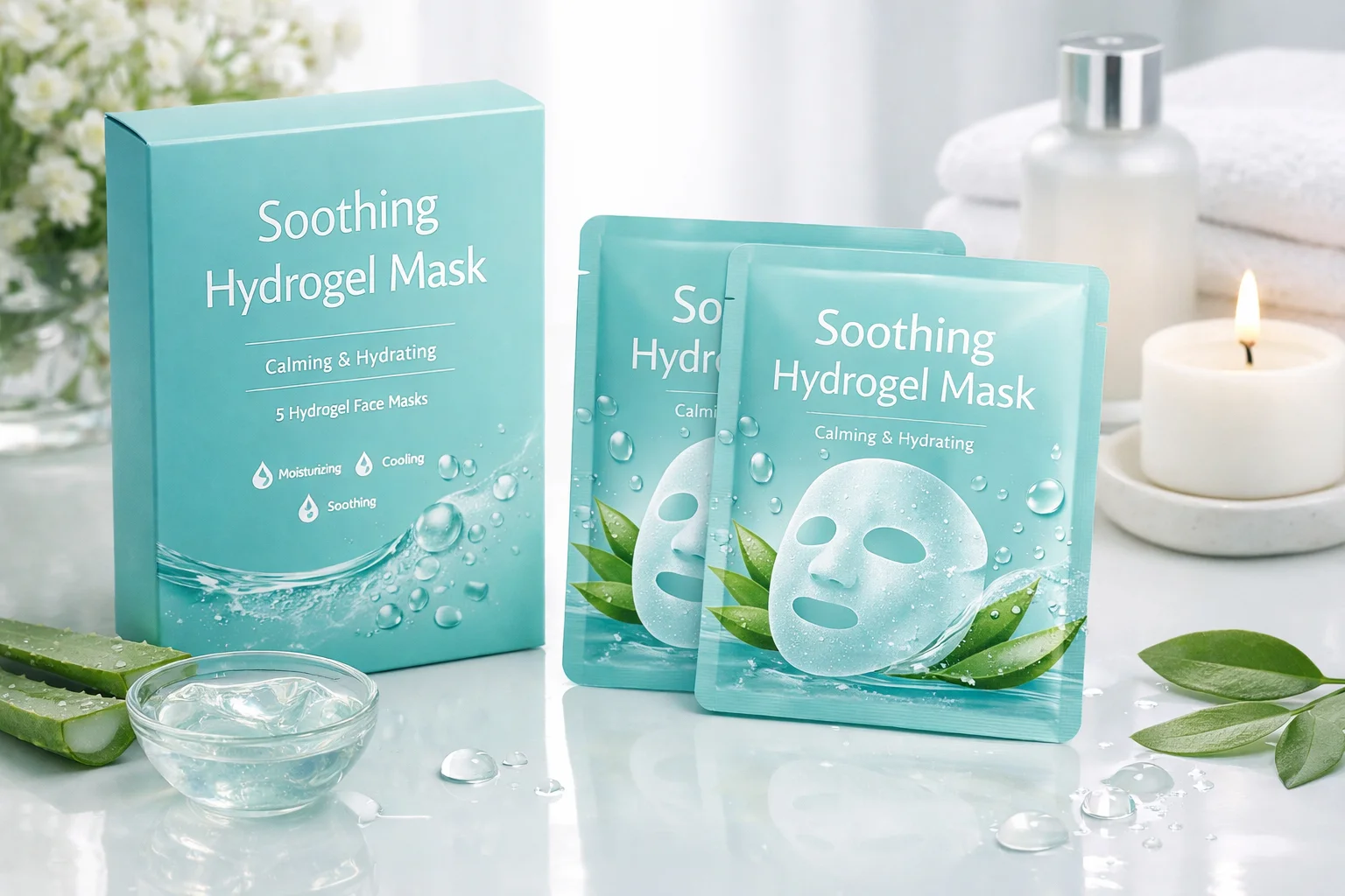 Packaging of soothing hydrogel face masks, featuring calming and hydrating properties, displayed with aloe and ambiance items.